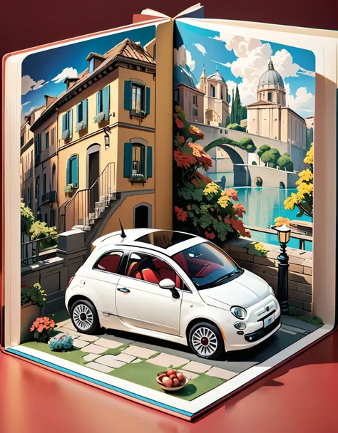 (masterpiece:1.2, Highest quality),(Very detailed),8k,wallpaper,Fiat 500 pop-up book