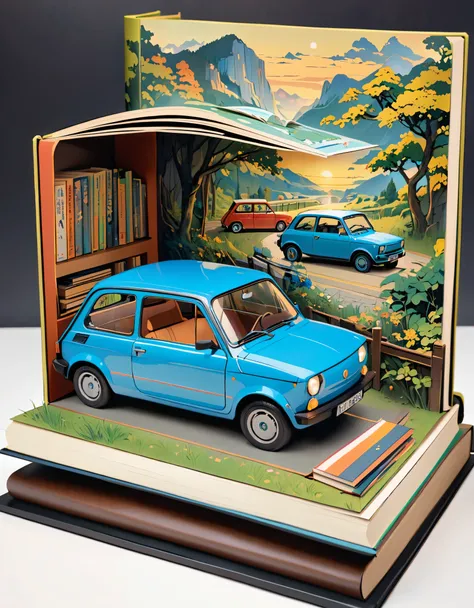 (masterpiece:1.2, highest quality),(very detailed),8k,wallpaper,pop-up books,レトロな車とイタリアの街並みのpop-up books,(polish 70s compact car...