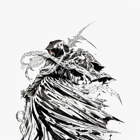 a drawing of a woman in a long dress holding a sword, dark hooded wraith, wearing a flowing cloak, the reaper as a scary, the sandman from graphic novel, wraith, extremely fine ink lineart, dark cloaked necromancer, lich vecna (d&d), tragic wraith, cloak f...