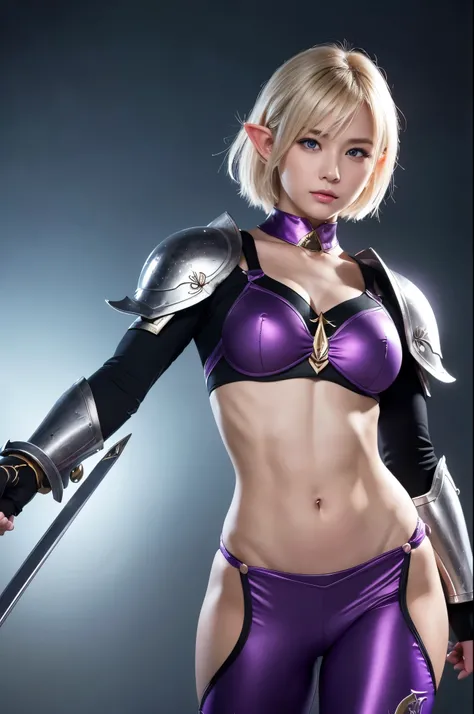 8k、Short blonde bobヘアのエルフ、Super Beauty(Realistic)、Alafeid woman dressed in purple and black、Ultra-detailed fantasy characters、3D Rendering Character Art、blue eyes、Detail Fantasy、Stunning Armor、Amazing character art、Gorgeous Female Paladin、Ultra-high resolu...