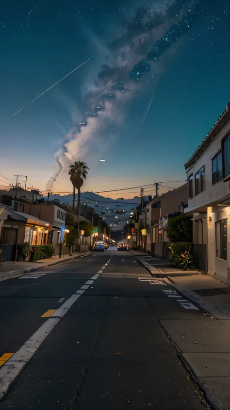 Typical street in Los Angeles, in the background space with Saturn and several stars, And 4K, Ultrarealistic