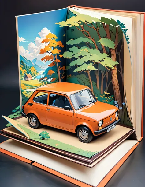 (masterpiece:1.2, highest quality),(very detailed),8k,wallpaper,pop-up books,レトロな車とイタリアの街並みのpop-up books,(polish 70s compact car...