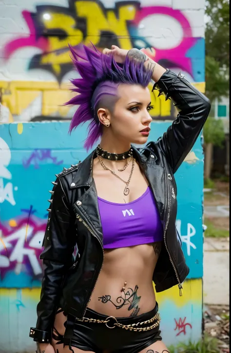 (Artwork, best quality:1.2), 1 girl ,intrincately detailed, "Punk Girl", in dynamic pose, ((spiky mohawk hair, purple punk hair, wearing a black jacket, chains, Rocket style, tatuados , hot body, abdomen)) . Shallow depth of field, vignette, highy detailed...