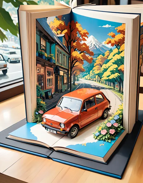 (masterpiece:1.2, highest quality),(very detailed),8k,wallpaper,pop-up books,レトロな車とイタリアの街並みのpop-up books,(polish 70s compact car...