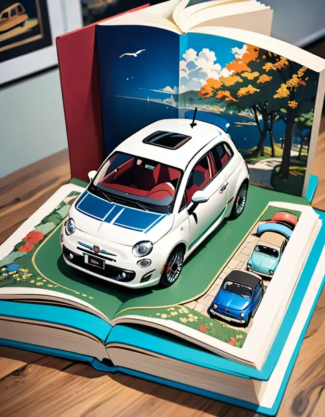 (masterpiece:1.2, Highest quality),(Very detailed),8k,wallpaper,Fiat 500 pop-up book