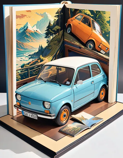 (masterpiece:1.2, highest quality),(very detailed),8k,wallpaper,pop-up books,レトロな車とイタリアの街並みのpop-up books,(polish 70s compact car...