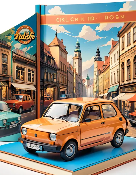 (masterpiece:1.2, highest quality),(very detailed),8k,wallpaper,pop-up books,レトロな車と欧州の街並みのpop-up books,(polish 70s compact car)