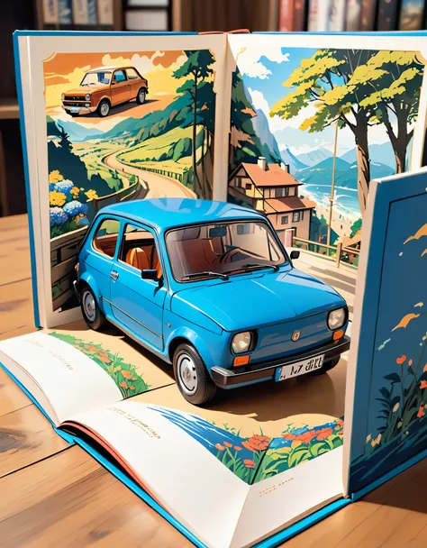 (masterpiece:1.2, highest quality),(very detailed),8k,wallpaper,pop-up books,レトロな車と欧州の街並みのpop-up books,(polish 70s compact car)