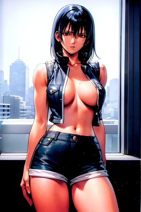 masterpiece, best quality, anime 1990s (style, leona heidern,  no bra, fully open vest, shorts.