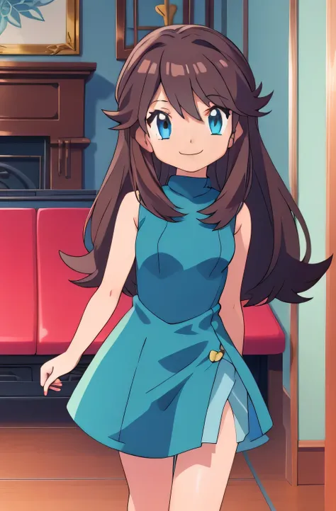 (masterpiece, best quality), intricate details, 1girl, green (pokemon), brown hair, blue eyes, looking at viewers, standing up straight, sleeveless black skin tight dress, smile, indoor, pokemovies, white-skinned female
