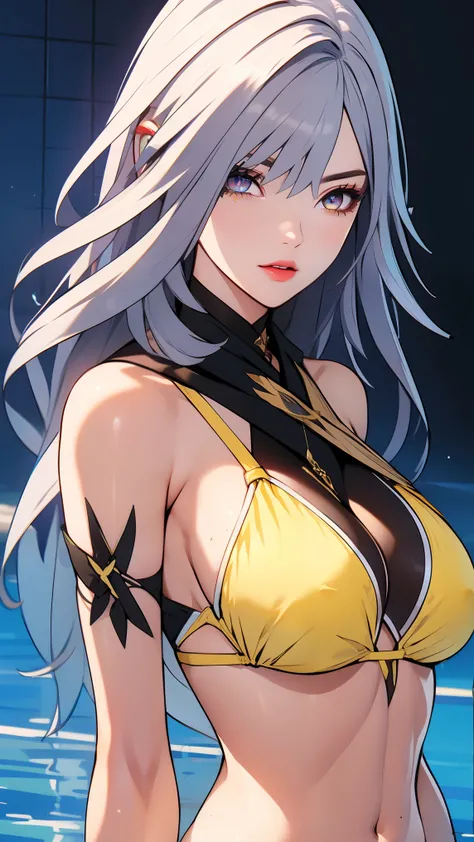 SkirkGI, red eyes, long hair, white hair, blue hair, hair ornament,
BREAK ((yellow bikini:1.5))
BREAK view from below, morning city, street,
BREAK (masterpiece:1.2), best quality, high resolution, unity 8k wallpaper, (illustration:0.8), (beautiful detailed...