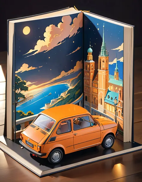 (masterpiece:1.2, highest quality),(very detailed),8k,wallpaper,pop-up books,レトロな車とイタリアの街並みのpop-up books,(polish 70s compact car...