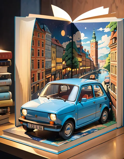 (masterpiece:1.2, highest quality),(very detailed),8k,wallpaper,pop-up books,レトロな車とイタリアの街並みのpop-up books,(polish 70s compact car...