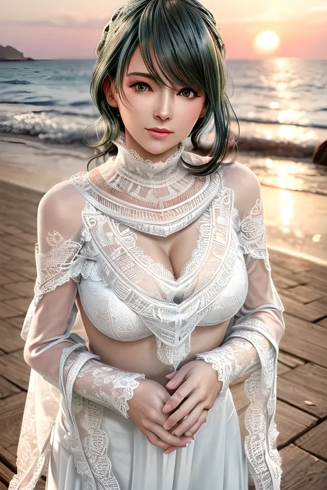 1girl , wearing a wedding dress with (a sweetheart neckline on the upper part:1.2),( a beautiful lace shawl:1.5), and long sleeves that add to her elegance,outdoors,At the seaside at sunset,huge breasts,Tamaki,