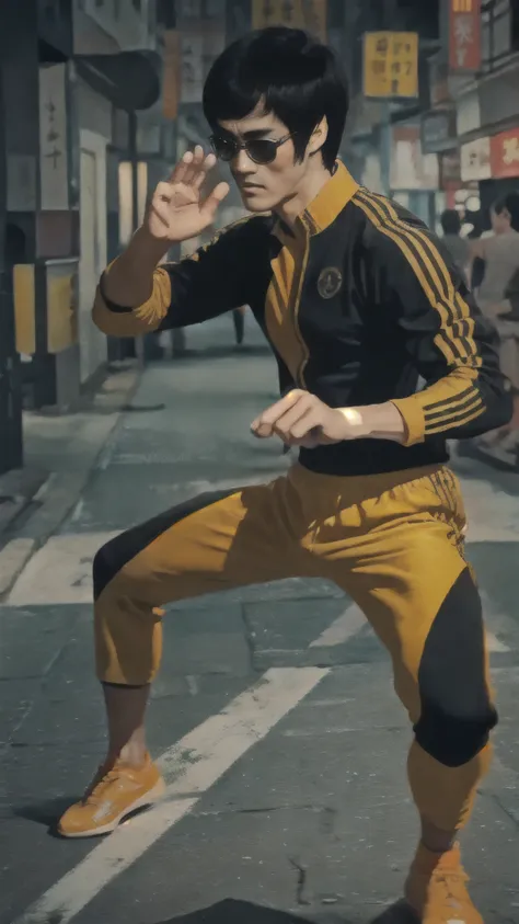 bruce lee wears a yellow tracksuit、hong kong backstreet background at night、face the enemy、