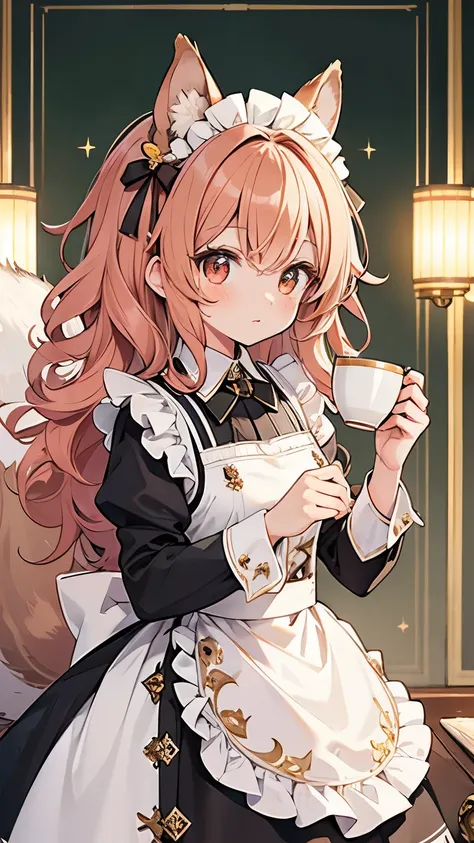 Curly Hair, hair band, Squirrel ears, Art Deco, Shine, Symmetric, throw, Anatomically correct, Textured skin, Attention to detail, Highest quality, Super Detail, Maid, pretty girl, Tea Time, Coffee cup, colorful