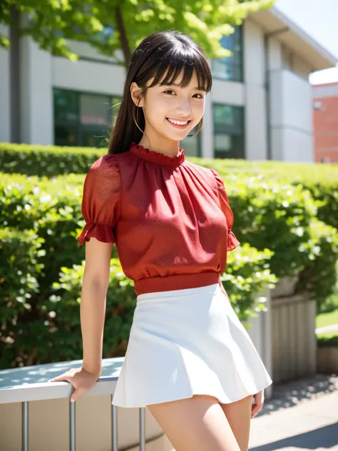 masterpiece , Highest quality , Very detailed , 8k , Cute Woman , One girl , blouse , bangs , smile , White teeth , Symmetrical eyes, 半袖blouse、mini skirt、Red Heels、Summer daytime、In front of the campus building、