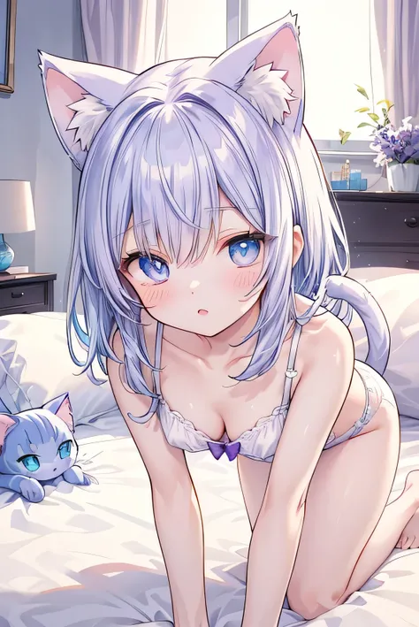 Masterpiece、Anime Coloring、Ultra fine、16K、Highest quality、((Lilac mesh))((blue cat ears、tail))、((White underwear、In underwear))、blush、Looking up、Medium Hair、bed、Stylish room、((Medium chest))、((Cleavage))、((On all fours))、((detailed eyes))、upper body、((lie ...