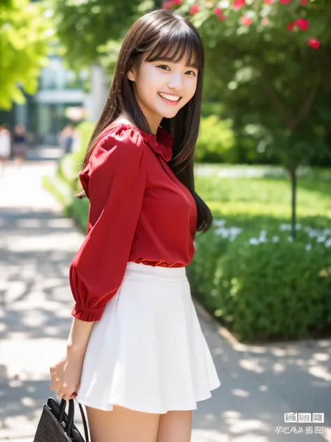 masterpiece , Highest quality , Very detailed , 8k , Cute Woman , One girl , blouse , bangs , smile , White teeth , Symmetrical eyes, 半袖blouse、mini skirt、Red Heels、Summer daytime、We meet at the entrance to the campus.、