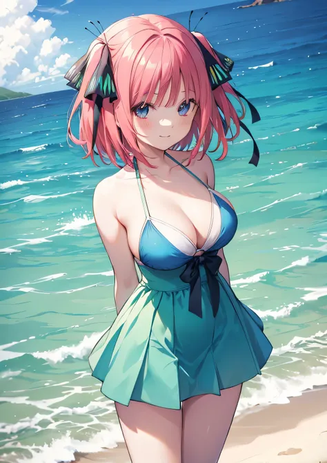 Nino Nakano is a character that appears in the anime "The Quintessential Quintuplets" 「The background is a sunny day at the sandy beach...」The eyes of this character are blue. My hairstyle is a bob cut with shockingpink color. This character is wearing a b...