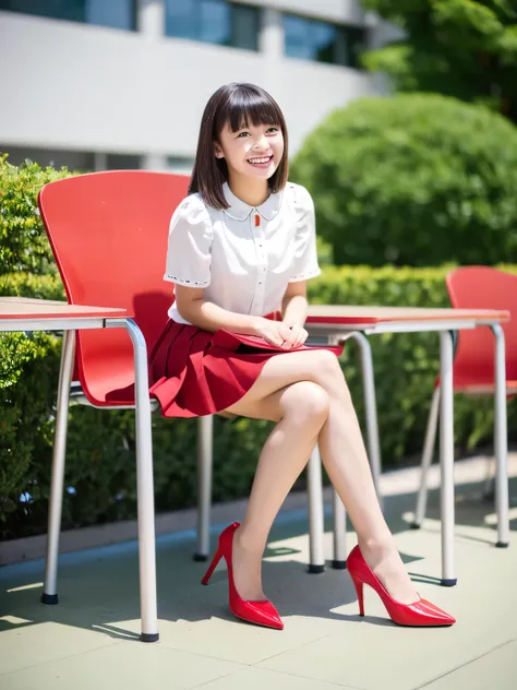 masterpiece , Highest quality , Very detailed , 8k , Cute Woman , One girl , blouse , bangs , smile , White teeth , Symmetrical eyes, 半袖blouse、mini skirt、Red Heels、Summer daytime、sitting in a chair in a campus classroom。I am confused when my teacher asks m...