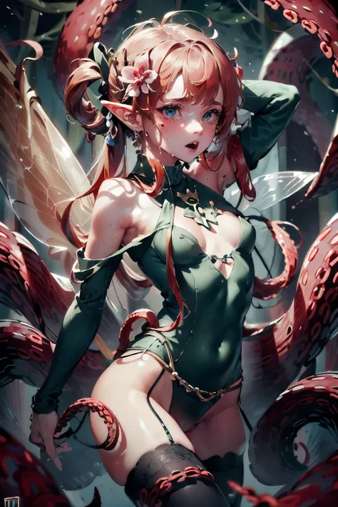  ((best quality)), ((masterpiece)), (detailed), 1 fairy girl, off-shoulder sweater, a fairy, fairy girl, winged pixie girl, girl fairy, various different types of insect wings, small breasts, NSFW，Covered with tentacles, encoiled by tentacles, Tentacles ar...