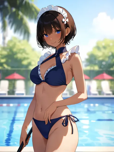 best quality, masterpiece, (独奏:1.2), (1 Female:1.2)、Age 25、Larger breasts、(Slender figure)、(Maid Style:1.2)、(bikini:1.2)、(Cleaning up by the pool:1.3)、(Poolside cleaning)、(Thighs)、(White highlight in pupil:1.2)、(Dark blue eyes)、(Black-haired:1.2)、(short ha...