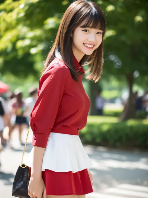 masterpiece , Highest quality , Very detailed , 8k , Cute Woman , One girl , blouse , bangs , smile , White teeth , Symmetrical eyes, 半袖blouse、mini skirt、Red Heels、Summer daytime、Participating in events on campus、