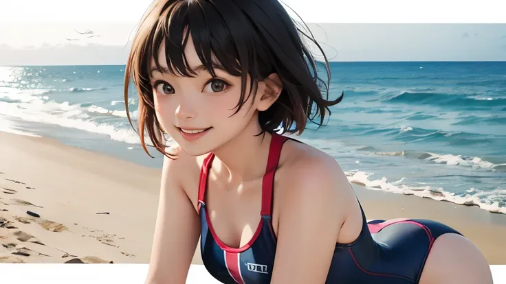 beach, she is wearing a swimsuit, she looks at me and smiles