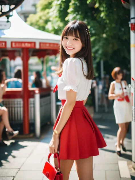 masterpiece , Highest quality , Very detailed , 8k , Cute Woman , One girl , blouse , bangs , smile , White teeth , Symmetrical eyes, 半袖blouse、mini skirt、Red Heels、Summer daytime、Passing through the subway ticket gate、