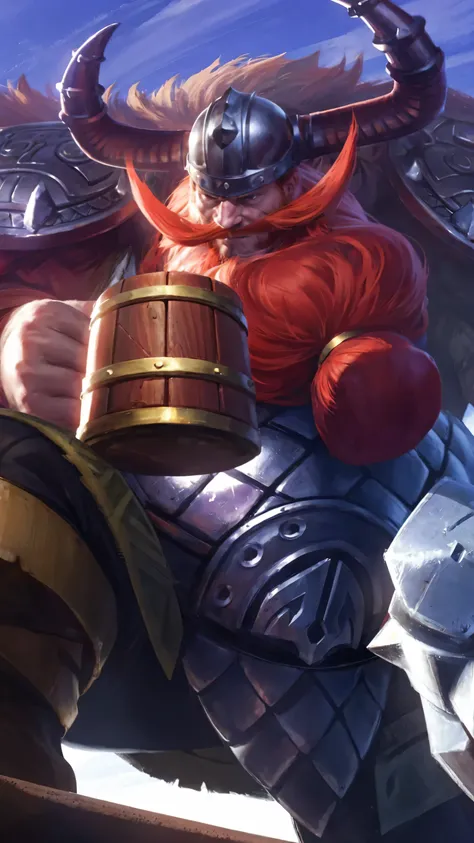 1 man, red hair, viking helmet, muscle,