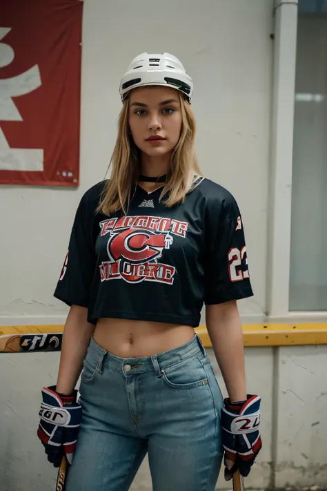 ((best quality)), ((masterpiece)), (detailed), perfect face A 22-year-old girl, with lipstick, blonde hair, hockey helmet on the head, hockey pads on the torso, hockey stick held in hand