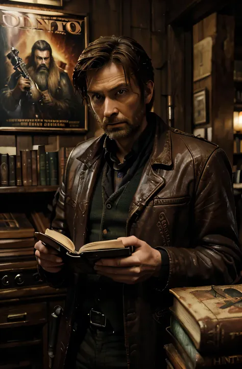 Detailed image of an epic movie poster featuring David Tennant lookalike with a stumble beard, with a determined expression on his face. With modern gadgets and old books, in front of a range rover equipped with high technology.  ((cryptid hunter)) .  Atmo...