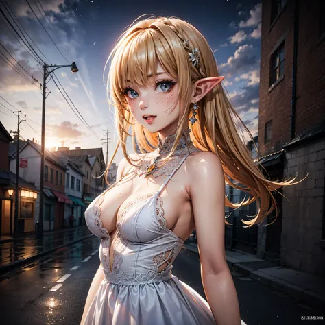 (High Detail:1.2) Anime Girl, (Best quality, Detailed), (dark, happy, gravelly:1.3, dark:1.2), 1girl, (solo), elf, long pointed ears, long bushy hair, light gold hair, dark blue eyes, freckle, white skin, sinister, intense look, background dark, Volumetric...