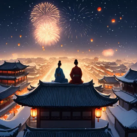 Ancient china city, lantern festival night, firework in the sky, roofs looming in snow, snow falling, only one man and one woman wearing Hanfu sitting on the roof watching fireworks, no third person, only two people