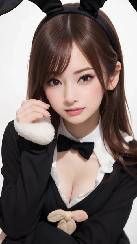 Highest quality、((Large Breasts))、Great light、Beautiful lighting、Brown Hair、Blunt bangs、((Straight hair))、Cleavage、Black Bunny Suit、((Bunny ears headband、A bow tie))、Gorgeous Accessories、Knee-high socks、Cute Smile、White background