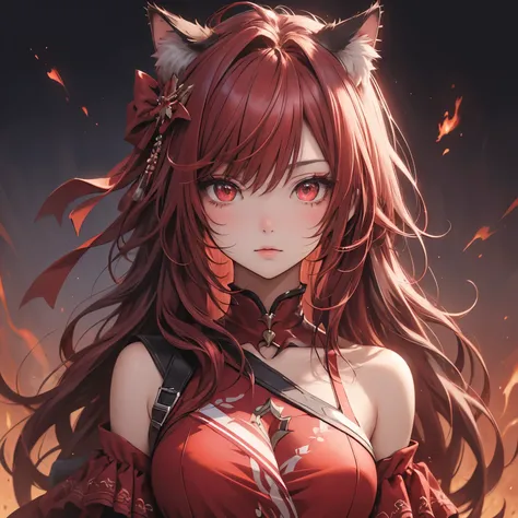 (masterpiece), Highest quality, Ultra-high resolution,Cat ears with red ribbon、Red Hair、Red eyes、Red clothing、hot、summer、fire