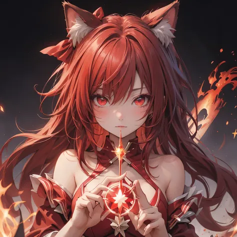 (masterpiece), Highest quality, Ultra-high resolution,Cat ears with red ribbon、Red Hair、Red eyes、Red clothing、hot、summer、fire、Heat、fantasy、(Magical girl:1.3)、fire使い魔