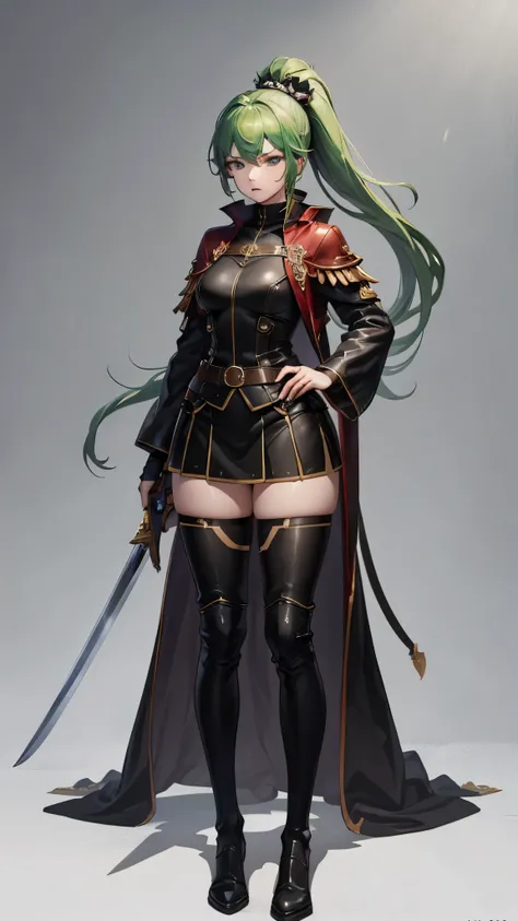 (masterpiece, 4K ,Super detailed:1.2), (anime:1), (Perfect quality), (anger), (((Adult body))), Holding a sword, Female Swordsman, mini skirt, Green ponytail