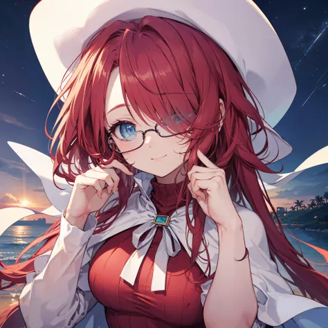 summonnightaty, aty, ),long hair, blue eyes, red hair, big_tits, hat, glasses, BREAK long hair,, hat, dress,glasses, cape, sweater, beret,ribbed sweater,,solo, BREAK outdoors, fantasy, BREAK (masterpiece:1.2), best quality, high resolution, unity 8k wallpa...