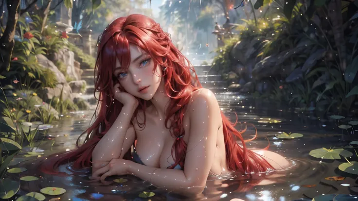 Landscape of an woman, landscape of a very beautiful woman, (((cowboy shot))),  Rias Gremory /(High School DxD/), anime style, (((lie sideaways)))!!, (lie sideaways on the shallow water at by the pond), looks at the camera with beautiful blue eyes, (Beauti...