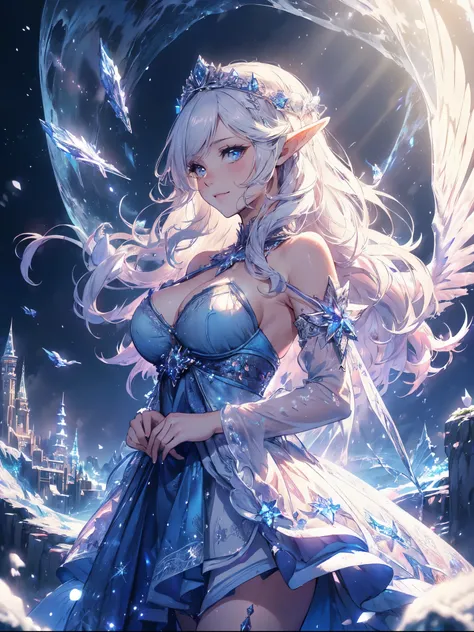 最high quality、1 woman elf facing forward、Succubus、(( cowboy shot ))((underwear))((low angle1.5 ))、beautiful瞳、decision、sorrow、tears、tears、、beautiful装飾、brassiere、panty、Big ice tiara、Swirling Ice、Crystal of snow、Ice Town、city、landscape、waterfall、A world made ...