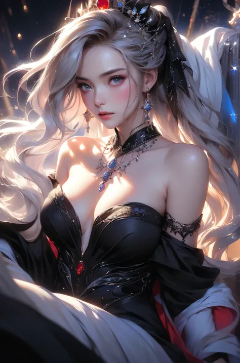 (masterpiece:1.5, Highest quality, Very detailed、 Dutch Angle、Semi-realistic、Fantasy)(One Girl, alone)(White and beautiful hair:1.4,,Straight Long Hair)(Dress in black tones、Fantasy Costume)、((Off the shoulder、Mid-chest、ruby ​​necklace))(Beautiful cleavage...