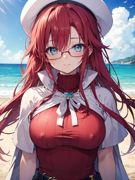 summonnightaty, aty, ),long hair, blue eyes, red hair, big_tits, hat, glasses, BREAK long hair,, hat, dress,glasses, cape, sweater, beret,ribbed sweater,,solo, BREAK outdoors, fantasy, BREAK (masterpiece:1.2), best quality, high resolution, unity 8k wallpa...