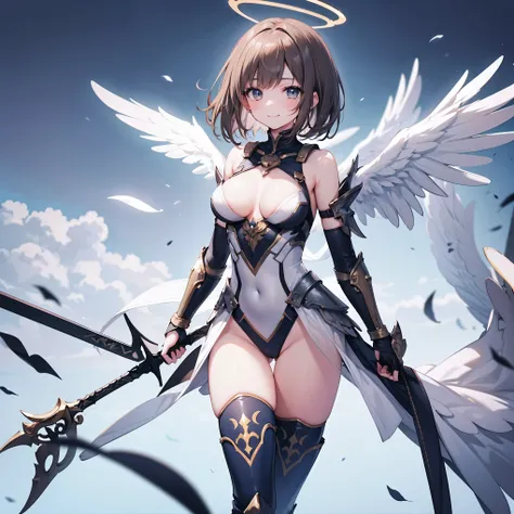 fantasy, 1angel_girl,(young_teen:1.5), ,brown_hair, medium_bob_hair, long_bangs, halo,bare_shoulder,thighhighs,silver_armor, waist_armor, large_breasts,1pair_wings, dynamic_pose_fighting,floating, bare_crotch, headgear,gauntlet, greaves,city_landscape_back...