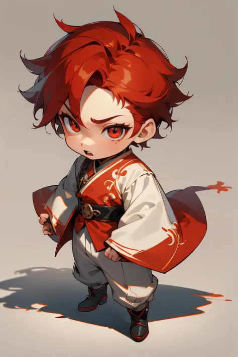 boy, full body, surprised, astonished, cartoon style, chibi style, cute, beautiful face, red color eye, beautiful eye, high detailed pupil, double eyelid, high detailed skin, high quality skin, red color hair, white clothes, professional lighting, real sha...