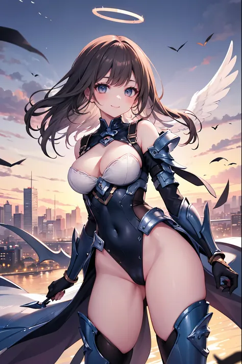 fantasy, 1angel_girl,(young_teen:1.5), ,brown_hair, medium_bob_hair, long_bangs, halo,bare_shoulder,thighhighs,silver_armor, waist_armor, large_breasts,1pair_wings, dynamic_pose_fighting,floating, bare_crotch, headgear,gauntlet, greaves,city_background,sli...