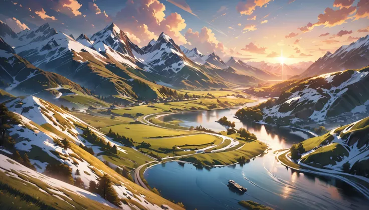 landscape, view, amazing, beautiful detailed scenery, idyllic countryside, lush green meadows, rolling hills, winding river, snow-capped mountains, golden sunset, dramatic clouds, high quality, hyper detailed, photorealistic, intricate details, vivid color...