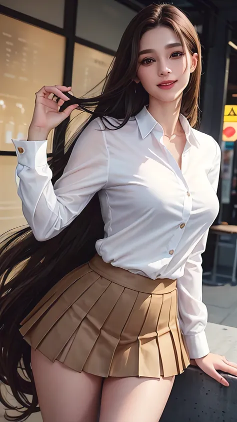 35-year-old woman, beautiful and smart, Store Management, ,white long sleeve button up blouse_brown pleated mini skirt, Super long brown hair,Hair with loose waves , Detailed face and eyes, Realistic, 8k, high quality, Realistic lighting, Warm tones, Intri...