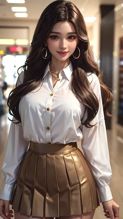 35-year-old woman, beautiful and smart, Store Management, ,white long sleeve button up blouse_brown pleated mini skirt, Super long brown hair,Hair with loose waves , Detailed face and eyes, Realistic, 8k, high quality, Realistic lighting, Warm tones, Intri...